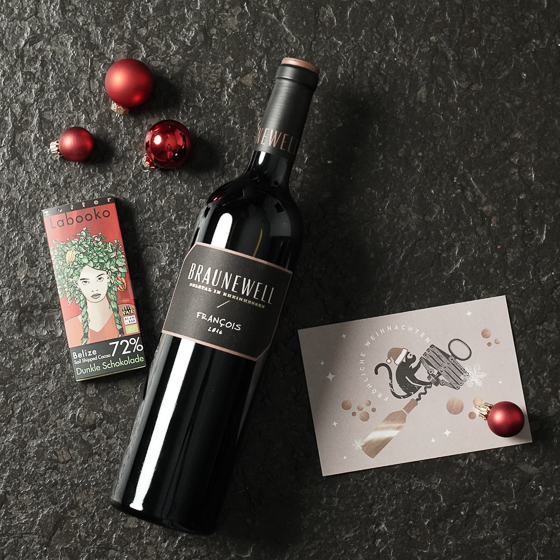 Präsent - Weihnachtsgeschenk „Genussduo“ - 1 molliger Rotwein und eine herrliche Schokolade inkl. Weihnachtskarte